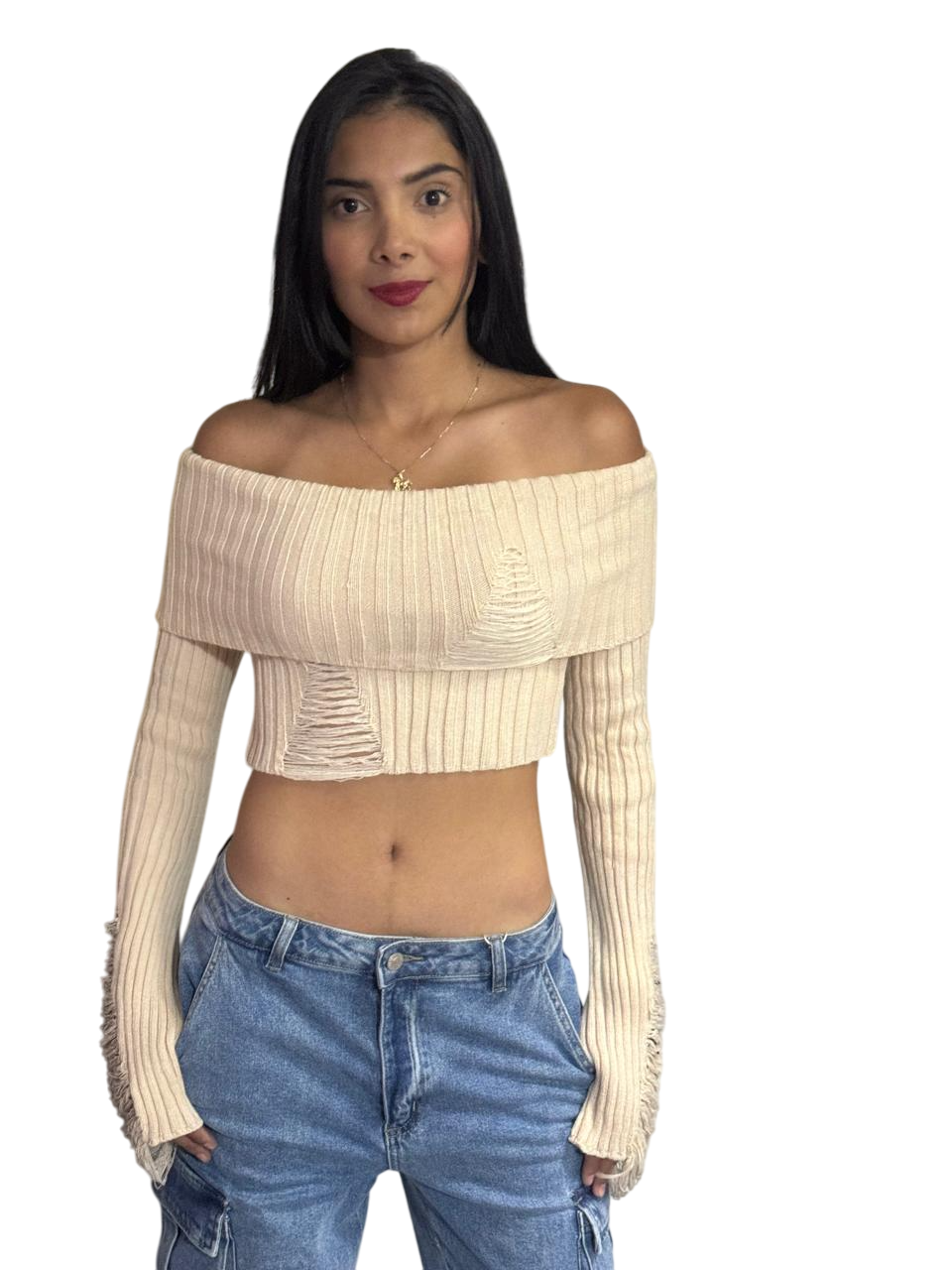 BLUSA MANGA LARGA BEIGE CUELLO BANDEJA